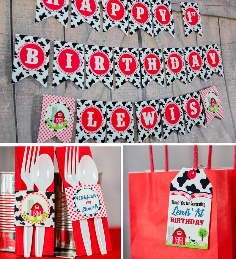 May include: A red and white cow print banner with the words "Happy 1st Birthday Lewis" in red circles. The banner is decorated with red and white checkered flags and images of a red barn. There are also red and white napkins with a cow print design and a red bag with a cow print tag that says "Thank You for Celebrating Lewis' 1st Birthday".