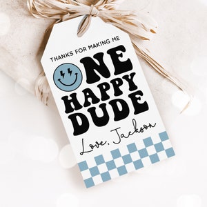 Blue ONE Happy Dude Favor Tags, Editable ONE Happy Dude Thank You Tags,  Luggage Favor Tag, Happy Dude Thank You Tag in Blue