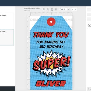 May include: A blue and red superhero-themed thank you tag with the text "Thank You for Making My 3rd Birthday Super! Oliver".