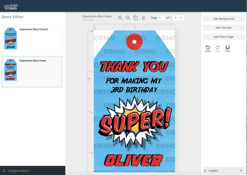 May include: A blue and red superhero-themed thank you tag with the text "Thank You for Making My 3rd Birthday Super! Oliver".