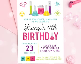 Girls Science Party Invitation, Printable Science Birthday Party Invitation Template (digital file)