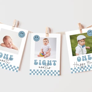 Editable One Happy Dude Birthday Banner in Blue Monthly Photo Banner First Birthday Photo Banner Digital Happy Dude Banner in Blue