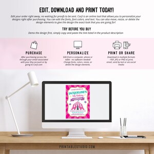 May include: A pink and blue printable invitation for a 10th birthday party with a carnival theme. The invitation features a pink and white striped tent with a gold glitter background. The text on the invitation reads "Jacqueline's 10th Birthday Carnival".