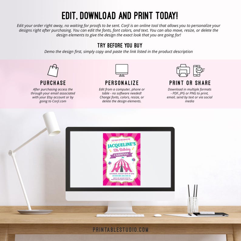 May include: A pink and blue printable invitation for a 10th birthday party with a carnival theme. The invitation features a pink and white striped tent with a gold glitter background. The text on the invitation reads "Jacqueline's 10th Birthday Carnival".