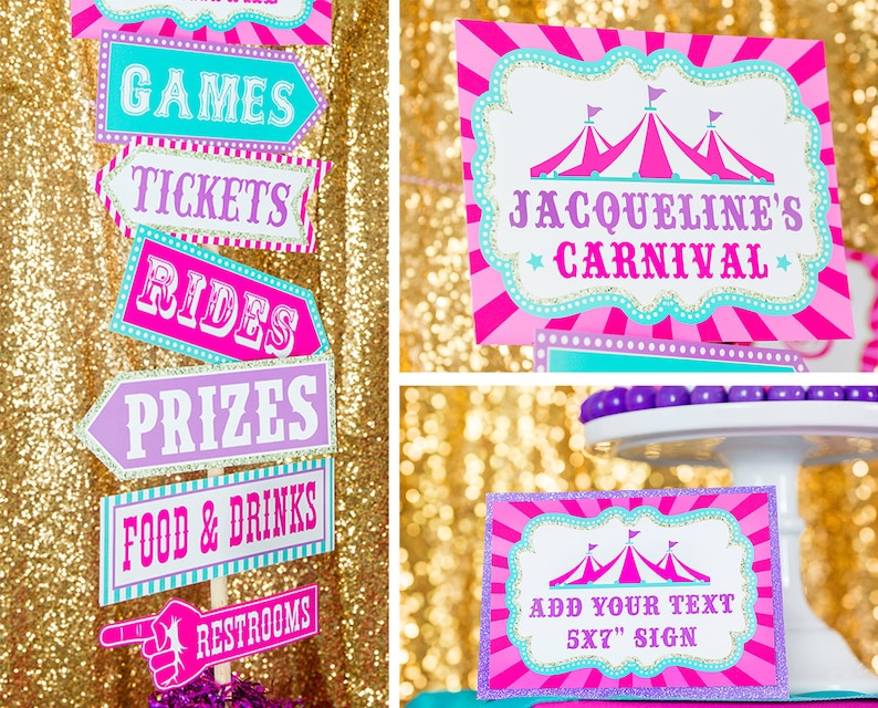 Carnival Party Signs Instant Download Carnival Birthday Party Signs Circus Party Signs Pink Carnival Directional Signs by Printable Studio image 2