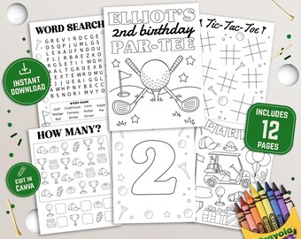 Pagine da colorare di compleanno a tema golf modificabili, giochi e attività per feste per bambini, modello Canva personalizzato per colorare il golf, download immediato.