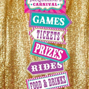 May include: A pink and purple carnival sign with the text "Jacqueline's Carnival" and arrows pointing to different activities, including games, tickets, prizes, rides, food & drinks, and face painting.