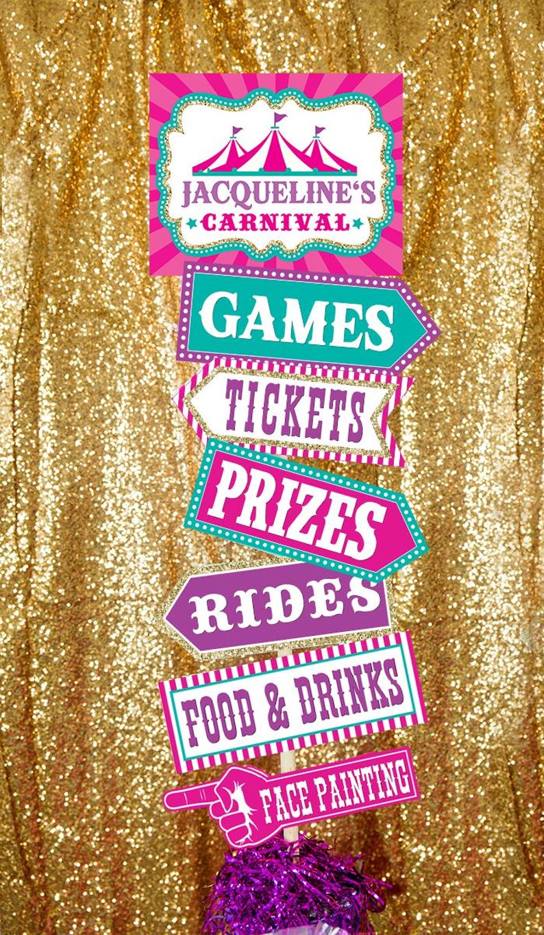May include: A pink and purple carnival sign with the text "Jacqueline's Carnival" and arrows pointing to different activities, including games, tickets, prizes, rides, food & drinks, and face painting.
