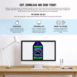 May include: A computer screen displaying a printable gamer thank you tag with a neon green and blue video game controller graphic. The tag says "Game Over" and "Thanks for gaming with me! William".