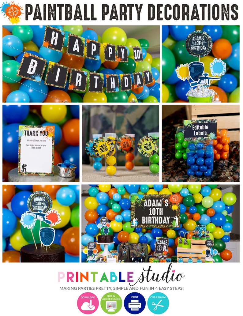 May include: Printable party decorations for a paintball themed birthday party. The decorations include a banner that says "Happy 10th Birthday", a cake topper with a paintball mask and gun, and a sign that says "Adam's 10th Birthday".