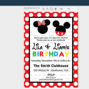 May include: A birthday invitation featuring Mickey and Minnie Mouse silhouettes. The invitation has a red polka dot border and includes the text "Lila & Liam's BIRTHDAY" with event details. The invitation is 5 x 7 inches.
