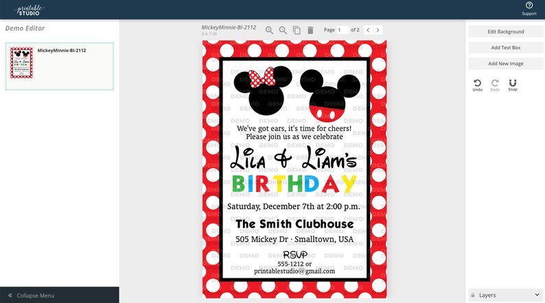 May include: A birthday invitation featuring Mickey and Minnie Mouse silhouettes. The invitation has a red polka dot border and includes the text "Lila & Liam's BIRTHDAY" with event details. The invitation is 5 x 7 inches.