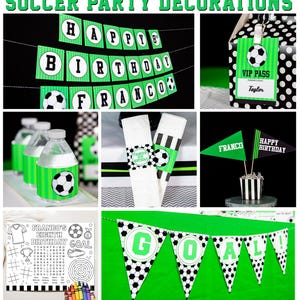 May include: Soccer party decorations with green and black colors. The decorations include a banner that says "Happy 8th Birthday Franco", water bottle labels, a VIP pass, a "Goal!" banner, and a printable activity sheet.