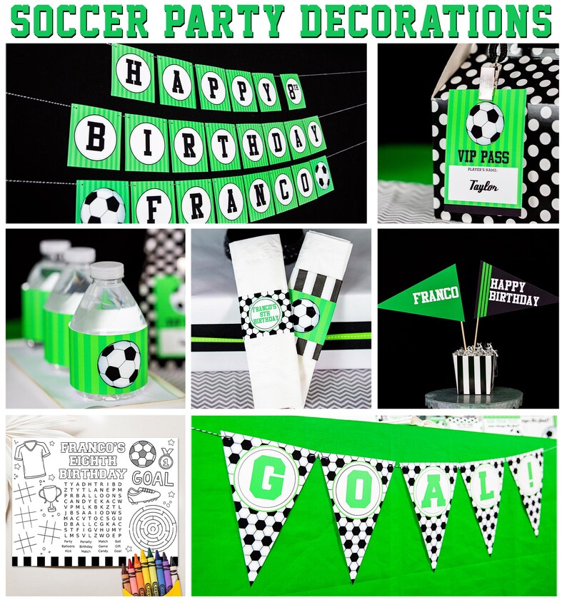 May include: Soccer party decorations with green and black colors. The decorations include a banner that says "Happy 8th Birthday Franco", water bottle labels, a VIP pass, a "Goal!" banner, and a printable activity sheet.