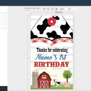 May include: Red and white farm-themed favour tag with a cow print, red and white checked pattern, and a red barn. The text reads "Thanks for celebrating Name's 1st Birthday".