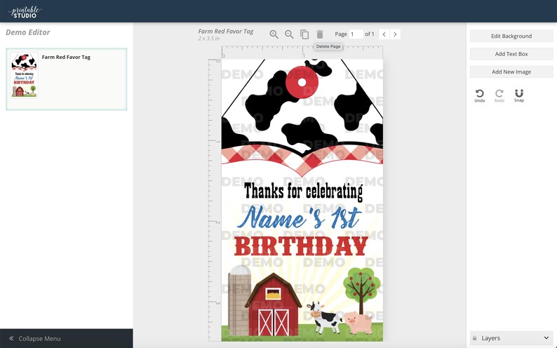 May include: Red and white farm-themed favour tag with a cow print, red and white checked pattern, and a red barn. The text reads "Thanks for celebrating Name's 1st Birthday".