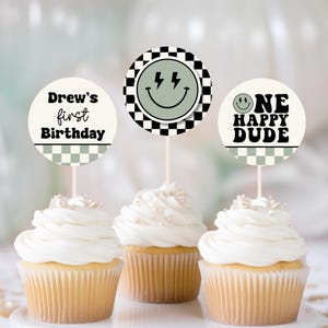 Adorno para cupcakes &quot;One Happy Dude&quot; en verde salvia, adornos imprimibles para cupcakes de fiesta &quot;Happy Dude&quot; en azul, cupcakes de cumpleaños &quot;Happy Dude&quot; en verde