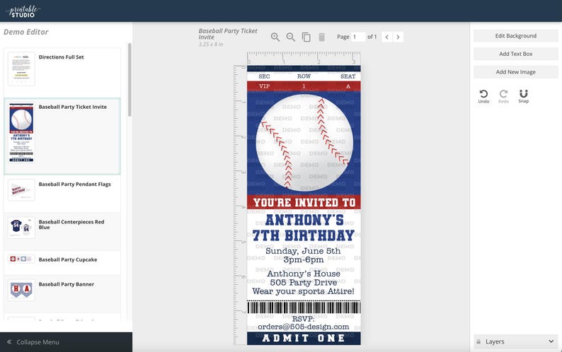 May include: Baseball party ticket invite with a baseball graphic. The ticket is blue, red, and white, with the text "YOU'RE INVITED TO ANTHONY'S 7TH BIRTHDAY". The ticket measures 3.25 x 8 inches.