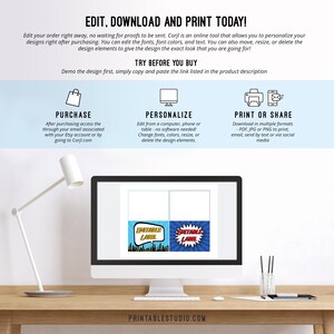K&ouml;nnte beinhalten: Ein Computerbildschirm zeigt eine druckbare Designvorlage f&uuml;r "Spectacular Label" mit einem blauen und roten Comic-Hintergrund. Das Design ist anpassbar und kann online bearbeitet werden. Der Text "EDIT. DOWNLOAD AND PRINT TODAY!" befindet sich oben auf dem Bildschirm.
