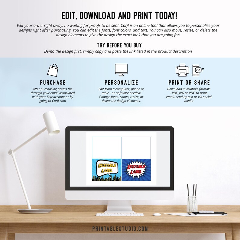 K&ouml;nnte beinhalten: Ein Computerbildschirm zeigt eine druckbare Designvorlage f&uuml;r "Spectacular Label" mit einem blauen und roten Comic-Hintergrund. Das Design ist anpassbar und kann online bearbeitet werden. Der Text "EDIT. DOWNLOAD AND PRINT TODAY!" befindet sich oben auf dem Bildschirm.