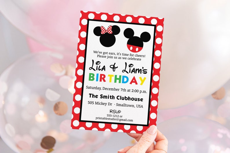 May include: A birthday invitation with a red polka dot border and a black frame. The invitation features Mickey and Minnie Mouse silhouettes and the text "Lila & Liam's BIRTHDAY" in colorful letters. The invitation includes event details.