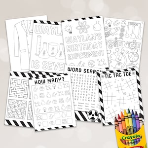 Può includere: Fogli di attività di compleanno a tema scientifico stampabili in bianco e nero per bambini. I fogli includono una ricerca di parole, un labirinto, un gioco del tris, un gioco di quanti e una pagina da colorare. I fogli presentano immagini legate alla scienza come becher, provette, atomi e lampadine. Il testo sui fogli dice "L'esperimento di compleanno di Waylan" e "Waylan ha sette anni".
