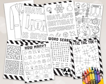 Páginas para colorear editables para fiestas de ciencias, páginas de actividades de laboratorio, actividades para fiestas de cumpleaños de ciencias, juegos imprimibles para fiestas.