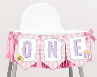 Carnival Highchair Banner in Pastel Pink, First Birthday One Banner, ONE Pastel Carnival Canva Template Banner 0206 (digital file)