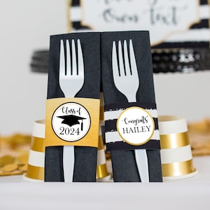 Editable Graduation Napkin Wrapper in Gold Black, Graduation Silverware Ring in Gold, Napkin Wrapper Graduation Party by Printable Studio