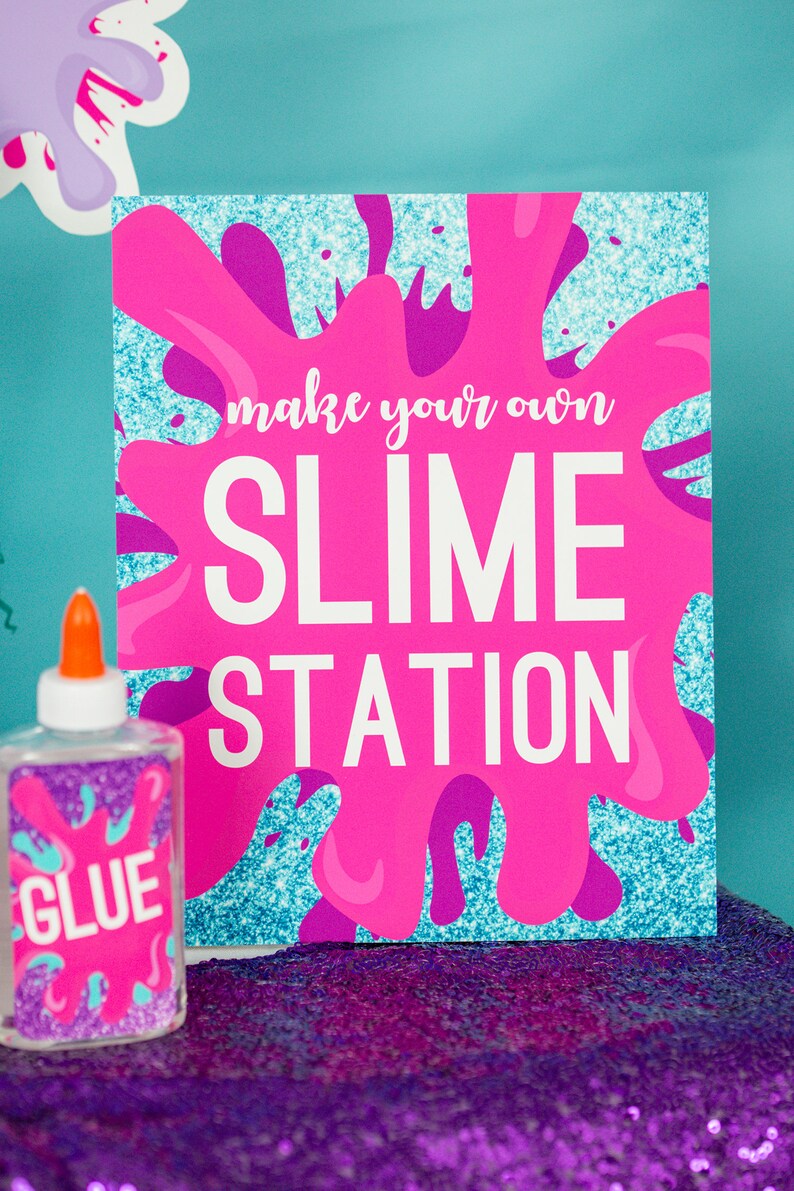 May include: A pink and blue sign with the text "make your own slime station" on a sparkly blue background. A clear bottle of glue with a pink and blue slime design is in the foreground.