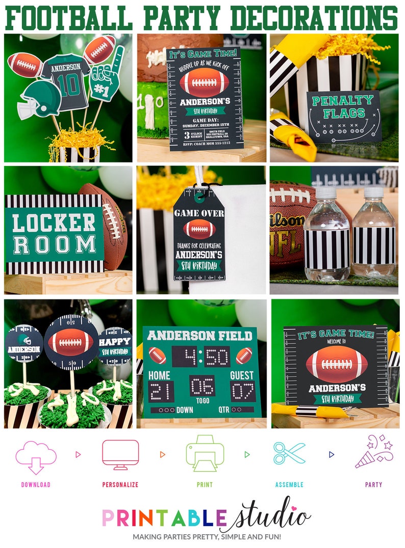 Puede incluir: Decoraciones de fiesta de f&uacute;tbol imprimibles en verde, negro y blanco. Las decoraciones incluyen un marcador de campo de f&uacute;tbol, un letrero de vestuario, una etiqueta de fin de juego, banderas de penalizaci&oacute;n y adornos para cupcakes. El texto en el marcador dice "Anderson Field" y "4:50". El texto en el letrero del vestuario dice "Locker Room". El texto en la etiqueta de fin de juego dice "Game Over" y "Gracias por celebrar el 5&ordm; cumplea&ntilde;os de Anderson". El texto en las banderas de penalizaci&oacute;n dice "Penalty Flags". Los adornos para cupcakes presentan balones de f&uacute;tbol y el texto "Feliz 5&ordm; cumplea&ntilde;os".