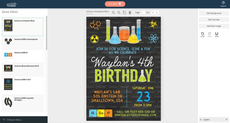 May include: A science-themed birthday invitation with a chalkboard background. The invitation features colorful beakers, test tubes, and scientific symbols. The text reads "Waylan's 4th Birthday" and includes details about the party, including the date, time, and location.