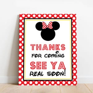 ご来場ありがとうございました。またすぐにお会いしましょう。サイン - すぐにダウンロードできる赤いミニーマウスのパーティーサイン - Printable Studio のミニー サンキューサイン