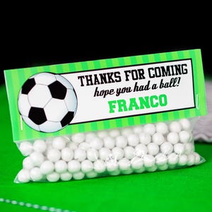 May include: A green and white favor bag with a soccer ball design and the text "Thanks for coming hope you had a ball! Franco". The bag is filled with white candy.