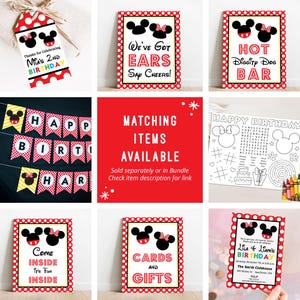 May include: A collection of party decorations featuring a mouse-themed design. Includes a gift tag, banners, signs with phrases like "We've Got Ears Say Cheers!" and "Cards and Gifts," and a birthday invitation. The color scheme is red, black, white, and yellow.