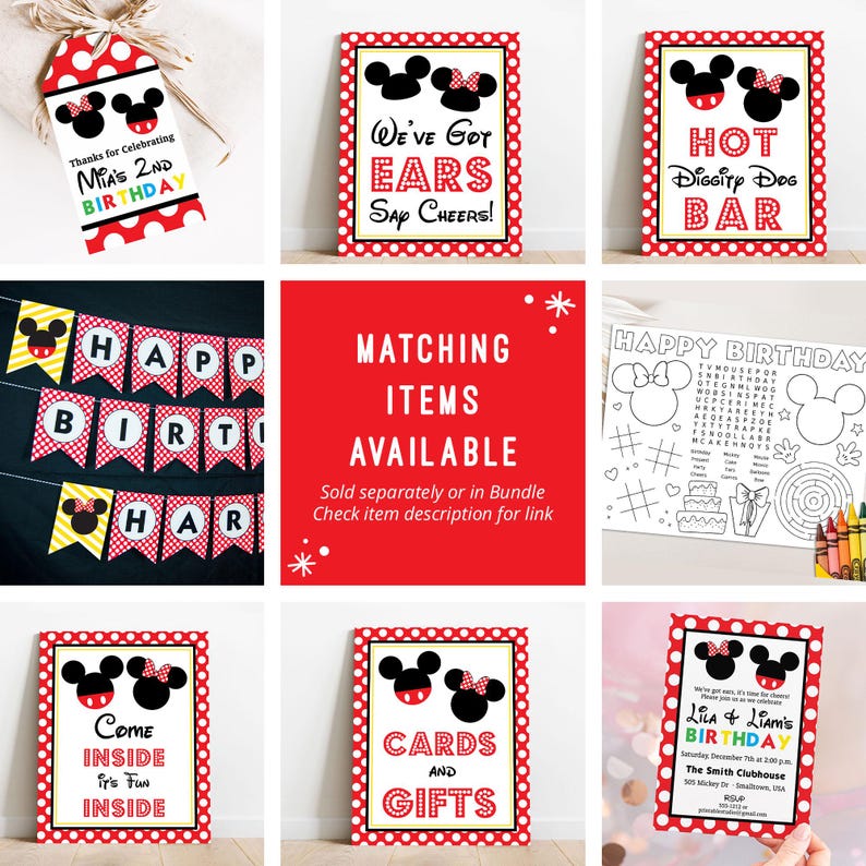 May include: A collection of party decorations featuring a mouse-themed design. Includes a gift tag, banners, signs with phrases like "We've Got Ears Say Cheers!" and "Cards and Gifts," and a birthday invitation. The color scheme is red, black, white, and yellow.