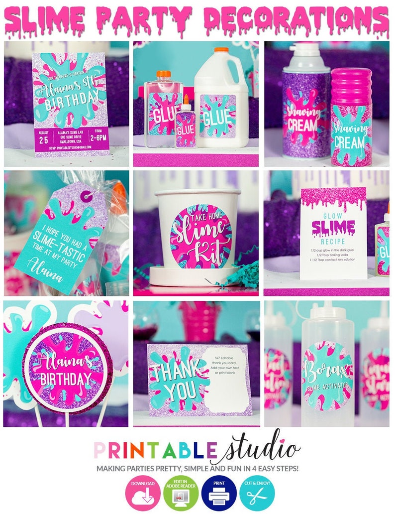 May include: Printable party decorations for a slime-themed birthday party. The decorations include a birthday invitation, a take-home slime kit, a thank you card, and labels for glue, shaving cream, and borax. The decorations feature a pink, purple, and turquoise color scheme with glitter accents.