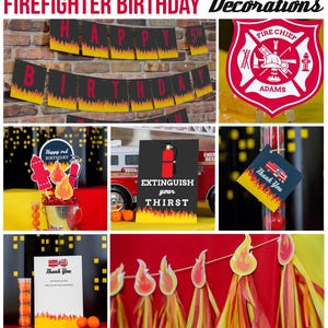 May include: Firefighter birthday party decorations with a red, black, and yellow color scheme. Decorations include a banner that says "Happy Birthday", a fire truck, a fire extinguisher, and a thank you sign.