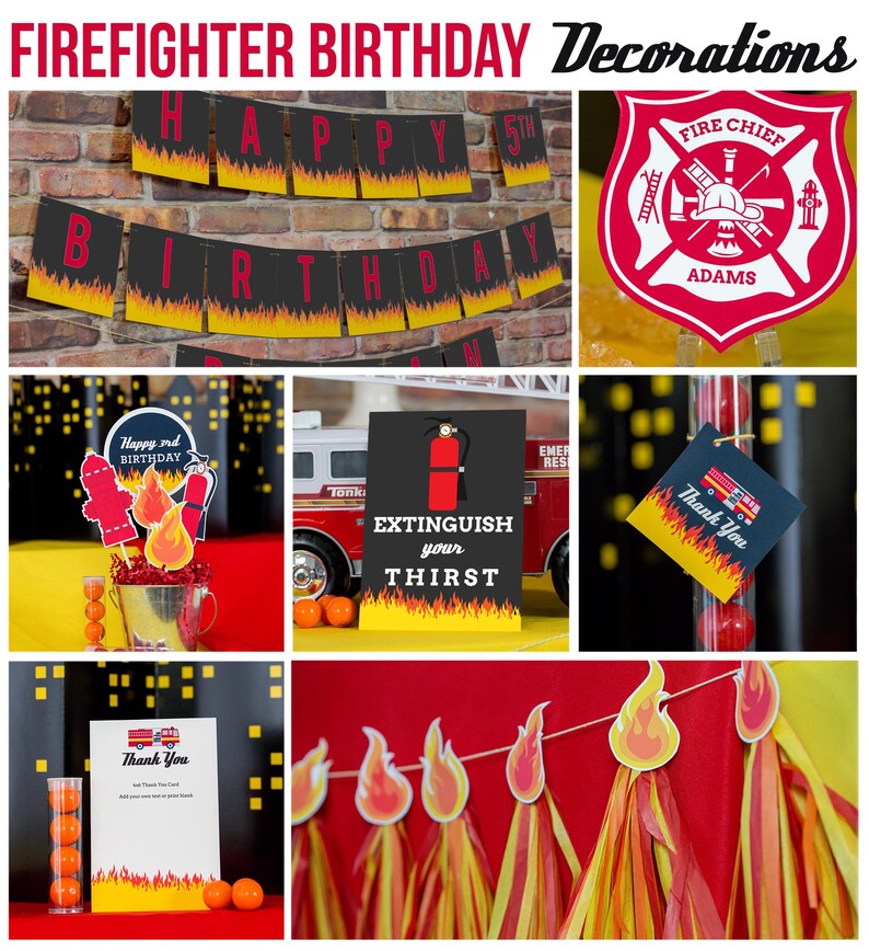 May include: Firefighter birthday party decorations with a red, black, and yellow color scheme. Decorations include a banner that says "Happy Birthday", a fire truck, a fire extinguisher, and a thank you sign.