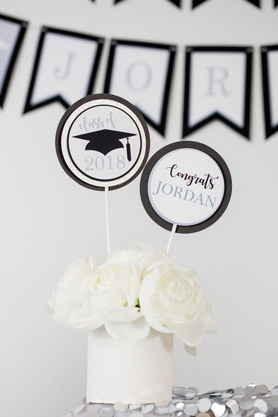 Graduation Party Centerpiece in Black Silver - Instant Download Graduation Centerpieces - Printable Graduation Table Decor in Silver Il_570xn