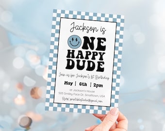 One Happy Dude Invitation in Blue, Happy Dude First Birthday Invitation Canva Template 0200 (digital file)