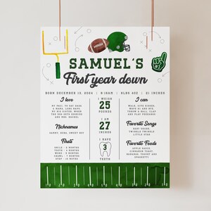 Football First Year Milestone Poster, Watercolor Football Birthday Stats Poster (Digital File)
