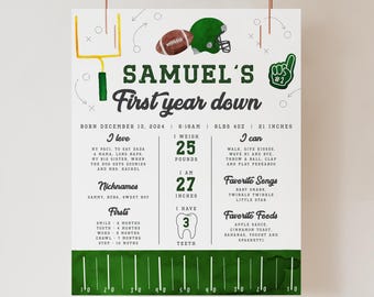 Football First Year Milestone Poster, Watercolor Football Birthday Stats Poster (Digital File)