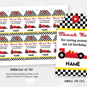 May include: Printable thank you tags for a first birthday party with a race car theme. The tags feature a black and white checkered pattern, a red race car, and the text "Thank You for racing around my 1st birthday".