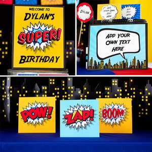 Letreros para fiesta de superhéroes, descarga instantánea Letreros para fiesta de cumpleaños de superhéroes para niños, Letrero para fiesta de cómics en rojo, amarillo y azul