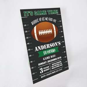 May include: Black and green football-themed birthday party invitation with a football graphic, the text "It's Game Time!" and "Huddle Up As We Kick Off", and the name "Anderson's 8th Birthday".