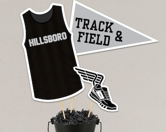 Centros de mesa para banquetes de atletismo, decoración de campo a través en negro y plata (archivo digital)