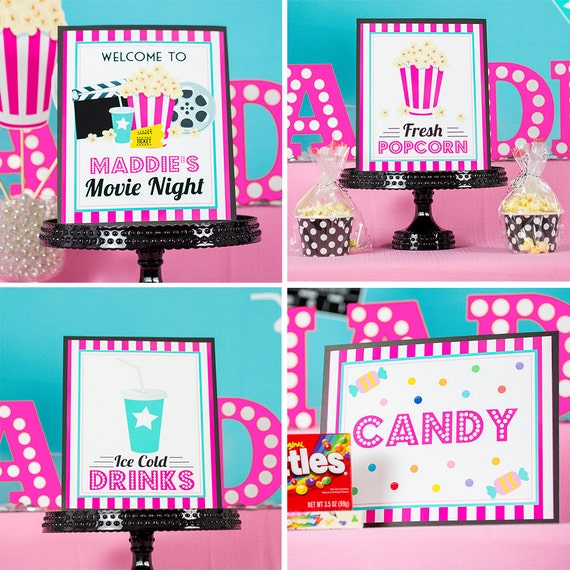 Movie Party Signs - Instant Download Pink Movie Party Signs - Movie Concessions Signs - Candy Drinks Popcorn Sign by Printable Studio Il_570xn