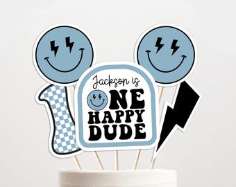 Decorazione per torta di primo compleanno "One Happy Dude" modificabile, modello Canva stampabile per centrotavola 0200 (file digitale)