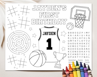 Página para colorear de baloncesto, mantel individual de baloncesto, página de actividades de baloncesto, actividades para fiestas de cumpleaños de baloncesto, juegos de baloncesto imprimibles